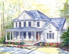 this is an artist's rendering of a house in watercolor and pencils