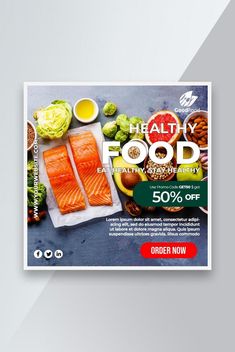 a flyer for a healthy food restaurant with salmon and broccoli on the side