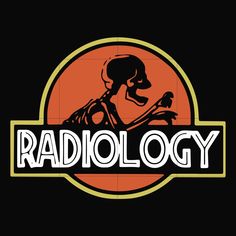 the radiology logo with a skeleton holding a guitar in it's hand and an orange circle behind it