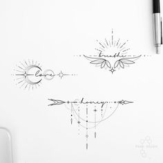 a pen and ink drawing of the sun and moon on a piece of white paper