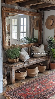 a wooden bench sitting under a mirror next to baskets filled with plants and potted plants