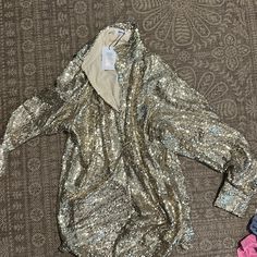 Got For My Birthday And Never Wore! Long Sleeve Spring Dress For Celebration, Spring Long Sleeve Dress For Celebration, Spring Celebration Dress With Long Sleeves, Long Sleeve Dress For Spring Celebration, Gold Blouse For Spring Party, Brown Prom Dress, Gold Sequin Shirt, Sequin Shirt Dress, Summer Wrap Dress