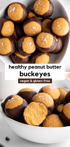 healthy peanut butter buckeyes in a white bowl