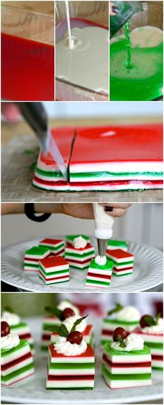 the process for making christmas desserts is shown in four different pictures, including green and red