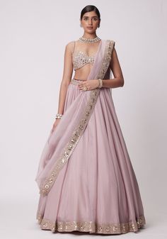 Pink Organza Lehenga With Sleeveless Embroidered Blouse Vvani by Vani Vats - Fabilicious Fashion Pink Organza Lehenga, Vani Vats, Ash Pink, Mirror Embroidery, Organza Lehenga, Weddings Receptions, Indian Party, Pink Lehenga, Embroidered Lehenga