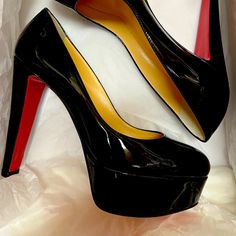 Authentic Brand New Christian Louboutin Black Patent Platform Heels Size 35.5 New In Box Dust Bag Included Replacement Heel Tips In Mini Dust Bag Proof Of Purchase See Photo 100% Authentic Black High Heel Court Shoes With Red Sole, Designer Black Heels With Deep Heel Cup, Black Heels With Red Sole For Evening, Black Patent Leather Court Shoes With Red Sole, Chic Black Heels With Red Sole, Luxury Black Court Shoes With Deep Heel Cup, Red Bottoms, Teen Fashion Outfits, Christian Louboutin Shoes