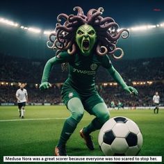 a soccer player with an octopus costume on is kicking a soccer ball in front of him