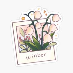 a white sticker with pink flowers and leaves in the center that says, winter