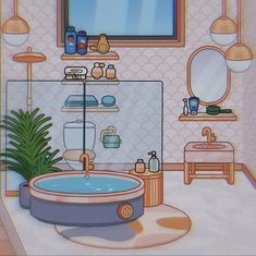 the bathroom is decorated in pastel colors and has a large round bathtub next to it