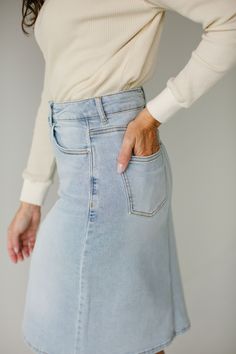 Nothing says summer like a light wash denim skirt! The 'Jamie' is sure to be your new favorite with its high-waist fit and subtle stretch. Functional front and back pockets are also the perfect place to stash all your small essentials! Pair the 'Jamie' with a tee and white sneakers for a day out on the town! 97% Cotton 3% Spandex Machine Wash Cold Do Not Bleach Hang to Dry Low Iron if Needed Model A Height 5'9" | Wearing Size 4 Model B Height 5'6" | Wearing Size 6 Model C Height 5'8" | Wearing S High Waist Denim Skirt, High Waisted Denim Skirt, Stretch Denim Fabric, High Waist Denim, Low Iron, Light Wash Denim, High Waisted Denim, Denim Fabric, White Sneakers