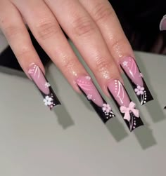 Hello Kitty Nail Art Designs, Black Hello Kitty Nails, French Tip Pink, Black French Tip, Quinceanera Nails, Girls Nail Designs, Forever Roses, Flowers Acrylic, Halloween Acrylic Nails