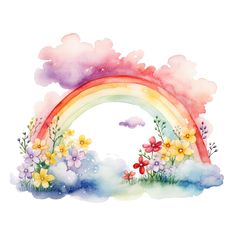 a watercolor painting of a rainbow with flowers and clouds in the sky above it