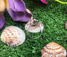 three seashells and a ring on the ground with flowers in the background,