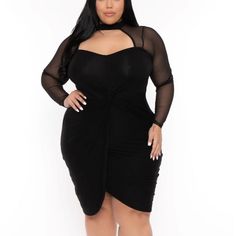 This Plus Size, Stretch Knit Dress Features A Straight Neckline, Long Mesh Sleeves, Front Twist Knot Giving It An Asymmetric Hem And A Bodycon Silhouette. Made In Usa Content + Care Self: 95% Rayon 5% Spandex Contrast: 90% Polyester 10%Spandex Hand Wash Cold, Inside Out Model Measurement Wearing A Size 2x Height: 5’9” Bust: 45" Waist: 36" Hip: 54" Nwt In Packaging Quick Shipping Bundle And Save Front Twist Dress, Greta Dress, Affordable Plus Size Clothing, Stretch Knit Dress, Twisted Dress, Rainbow Dress, Twist Knot, Mesh Sleeves, Curvy Dress