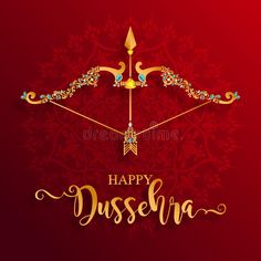 happy dusseria greeting card with golden balance scale and ornate ornaments on red background