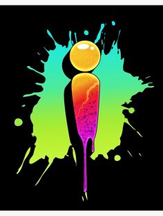 an orange and purple object with paint splattered on it's side, in front of a black background