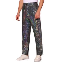 Lars Amadeus sequins pants for men offer a unique and eye-catching design with sequins covering the entire fabric, making them perfect for parties, discos, and special occasions. These straight-leg trousers can be paired with a sequined vest, metallic shirt, or sequined jacket to create a stylish and outstanding look. The glittering sequin pants are suitable for various events, including proms and dance performances, ensuring you stand out in any crowd. Disco Sequin Bottoms For Party Season, Disco Style Sequin Bottoms For Party Season, Sequin Disco Bottoms For Costume Party, Metallic Bottoms With Contrast Sequin For Party Season, Disco Party Bottoms With Glitter, Disco Party Glitter Bottoms, Metallic Sequined Bottoms For Summer, Disco Style Glitter Bottoms For Summer, Disco Sequined Bottoms For Summer