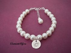 Flower girl bracelet Initial charm bracelet Child by Element4you Wedding Wows, Initial Charm Bracelet, Flower Girl Bracelets, Girl Bracelet, Wedding Types, Bracelet Flower, Bracelet Initial, Single Pearl, Pearl Strand