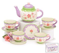 Pretty Flowers Childs Ceramic Tea Set-Roses And Teacups Romantic Tea, Pastel Mini, English Tea Set, Tea Jewelry, Small Pink Flowers