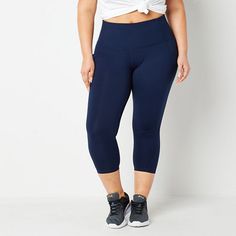 These Xersion EverUltra women's plus high-rise cropped leggings will be a new high-performing favorite for your workouts. Made from soft fabric featuring UV protection, 4-way stretch, flat seams, plus QuickDri and anti-odor technology for your comfort and more durable wear, this style also has a wide elastic waistband and two side slip pockets to hold your essentials. Style it with your favorite sports bra and tank top.Features: Quick Dry, Stretch Fabric, Flat Seams, EssentialsClosure Type: Full ElasticPockets: 2 Side Slip PocketsRise: High RiseSupport: Medium SupportFiber Content: 78% Polyester, 22% SpandexFabric Description: InterlockInseam: 21 InCare: Tumble Dry, Machine WashCountry of Origin: Imported Comfort Stretch Moisture-wicking Activewear For Light Exercise, Compression Athleisure Capris For Gym, Athleisure Compression Capris For Gym, Sports Compression Capris With Moisture-wicking, Sporty Leggings For Light Exercise With Comfort Stretch, Athleisure Stretch Capris For Sports, Blue Moisture-wicking Comfort Stretch Activewear, Blue Comfort Stretch Activewear For Sports, Solid Athleisure Capris For Gym