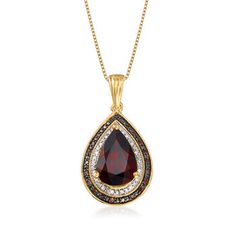 Ross-Simons - 4.10ct Garnet, .20ct t.w. Red, White Diamond Pendant Necklace Over Sterling. 18". Positively regal and exceptionally radiant, our pendant necklace provides unmatched elegance. A richly hued 4.10 carat pear-shaped garnet is framed by .20 ct. t.w. red and white diamonds in 18kt yellow gold over sterling silver. This style is holiday party-ready, and also perfect for your Saturday date night. Box chain. Springring clasp, diamond and garnet pendant necklace. Garnet birthstones are the Citrine Drop Earrings, Garnet Drop Earrings, Filigree Pendant Necklace, Garnet Birthstone, Garnet Red, Opal Pendant Necklace, Garnet Pendant, Garnet Necklace, Red Diamond