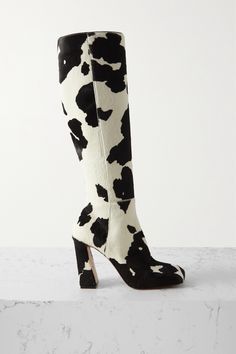 Amina Muaddi might be known for its statement pumps, but its collections also include styles like these 'Marine' knee boots. They're paneled from smooth cow-print pony hair with angled block heels and square toes. Block Heel Knee High Boots, Amina Muaddi Shoes, Heel Knee High Boots, Black And White Heels, Cowboy Shoes, Amina Muaddi, Boot Print, Shoe Inspo, White Square