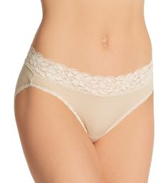 These cute panties come in your favorite prints and colors to suit your style. Made of polyamide (nylon) and spandex, with cotton crotch gusset. Waist and leg openings are styled with stretch lace to keep fit in place. Stretch lace has scalloped edges for a "no pinch" and "no show" fit. 4-way stretch knit moves with you. Soft knit comes in fun patterns. Seamless rear offers moderate, "cheeky" rear coverage. Low rise style rests at the hips. High-cut leg openings give you a longer leg profile. In Seamless Lace String Bottoms, Beige Stretch Bottoms With Delicate Lace, Cream Stretch Lace Bottoms, Cream Lace Stretch Bottoms, White Seamless String Bottoms, Feminine Lace Trim Brief Bottoms, Beige Lace Trim Brief Bottoms, Stretch Lace Trim Intimate Briefs, Cotton Lace Trim Briefs