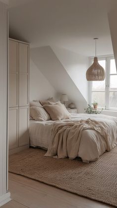 a bedroom with white walls and wooden flooring has a large bed in the corner