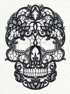 a black and white drawing of a skull with intricate designs on it's face