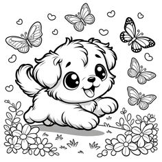 a cute puppy sitting on the ground surrounded by flowers and butterflies, coloring book page