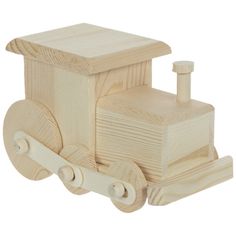 a wooden toy train is shown on a white background