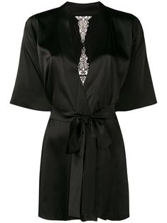 Black Silk 90%, Polyamide 3%, Polyester 2%, Elastane 5% Onyx lace-embroidered robe from Fleur Of England featuring a v-neck, a belted waist and short sleeves. Underwear and lingerie must be tried on over your own garments. | Fleur of England Onyx lace-embroidered robe Elegant Nightgown, Embroidered Robes, Belted Robe, Versace Outfit, City Dress, Summer Beach Wear, Long Black, Black Silk, Nightwear