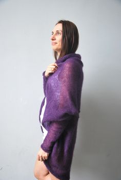 "Cardigan, mohair cardigan, knitted cardigan, purple cardigan, summer cardigan, long sweater, light sweater, mohair knitwear. sweaters, pullovers, minimalist sweater, cocoon cardigan, oversize cardigan, mohair sweater. This long sleeved sweater is an ideal cover up to create your own special look for all seasons. So comfy, fuss free and great for layering. Balance the dramatic draping with leggings or your favorite skinny jeans. Go for a casual, lived in feel or dress it up for a dramatic evenin Purple Knitted Sweater For Layering, Oversized Purple Sweater For Layering, Oversized Purple Long Sleeve Cardigan, Purple Mohair Sweater For Fall, Long Purple Cardigan For Fall, Knitwear Sweaters, Minimalist Sweater, Cardigan Summer, Oversize Cardigan