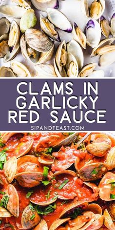 clams in garlicky red sauce with text overlay that reads, clams in garlicky red sauce