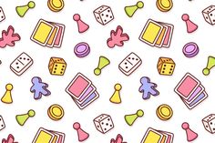 an image of many different objects on a white background with pink, yellow and blue colors