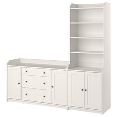 a white bookcase with drawers and cupboards next to it on a white background