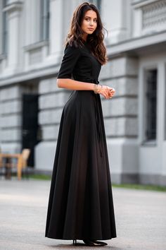 "Black classic maxi dress with circle skirts ➤ Features > dress lenght: 150 cm / 59,05\" > mid sleeves > v neckline > circle skirts > waistband ➤ Sizing My Size Guide in FAQ section below will help you define the perfect size match. The item can also be made according to your measurements - just message them to me. ➤ Delivery Your item is made-to-order and will be ready within 2-7 days. Average delivery times: > North America: up to 1-2 weeks > New Zealand, Australia: up to Black Fitted A-line Maxi Dress, Fitted Black A-line Maxi Dress, Formal Black Full-length Maxi Dress, Black Maxi Dress For Formal Occasions, Elegant Fitted Maxi Skirt With Wide Hem, Black Full-length Maxi Dress For Spring, Elegant Black Floor-length Maxi Skirt, Black Fitted Asymmetrical Maxi Dress, Black Floor-length Evening Maxi Dress