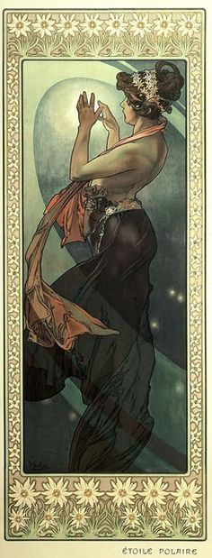 an art nouveau painting of a woman with her hands in the air