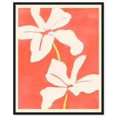 an orange and white painting with two flowers on the bottom, against a red background