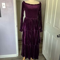 Nwot Shein Deep Fuchsia Purple Velvet Ruffled Dress. Has A Romantic Look, Like A Juliet Style Bodice With Off The Shoulder Sleeves. Whole Bodice Part Is Stretchy. From Armpit To Armpit Measures Approx 16” Laying Flat. From Top Center Line To Bottom Hem Measures Approx 49”. Comes From A Smoke Free Home Purple Fitted Tiered Maxi Dress, Purple Long Sleeve Ruffled Maxi Dress, Purple Long Sleeve Maxi Dress With Ruffles, Purple Long Sleeve Dress With Ruffle Hem, Long Sleeve Purple Dress With Ruffle Hem, Off The Shoulder Sleeves, Fuchsia Purple, Center Line, Shein Dress