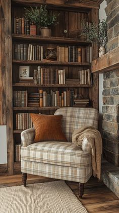 a chair sitting in front of a book shelf filled with books