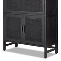 a black cabinet with two doors on the front and one door open to reveal it