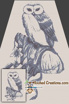 an owl sitting on top of a tree branch next to two pictures with the words hooked creations