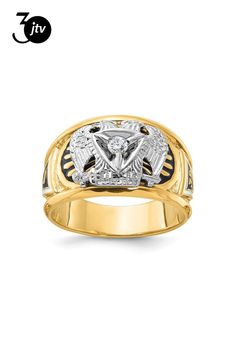 10K two-tone gold black and white enameled 32nd Scottish Rite Masonic men's ring with a single 0.103 cttw, I2 clarity round diamond. Has polished and textured finish. Band width measures approximately 3/16". Masonic Ring, Men's Ring, White Enamel, 10k Gold, Gold Black, Round Diamond, Round Diamonds, Two Tone, Rings For Men