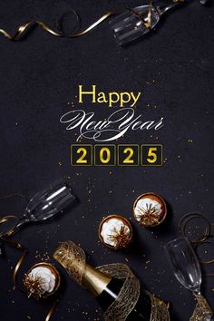 new year's eve card with champagne glasses and confetti on black background