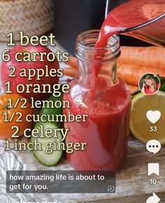 a jar filled with liquid next to sliced carrots and cucumber on top of a table