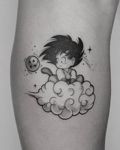 a black and white photo of a cartoon character on the thigh