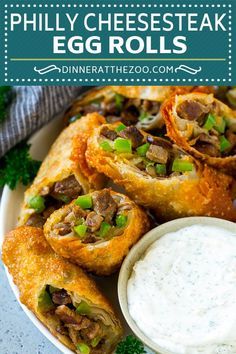 an egg roll on a plate with ranch dressing