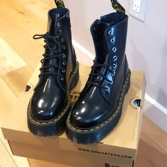 Brand New With Box Black Polished Smooth Leather Platform Jadon Dr Martens Boots. Size 8 U.S. Ladies. When The Jadon Boot Stormed Off The Production Line In 2013, We Knew We’d Made Something Special. Over 60 Years Of Our Unmistakable Dna, Elevated On An Emboldening Platform Sole. An 8-Eye Silhouette, Built From Dm’s Classic Polished Smooth Leather And Stacked On A Pvc Outsole. The Jadon Boot Retains Our Original Details: Secured With Yellow Welt Stitching And Tagged With An Airwair Heel Loop. A Jadon Dr Martens, Dr Martens Platform Boots, Platform Dr Martens, Platform Boots Black, Dr Martens Platform, Jadon Boots, Dr Martens Jadon, Dr Martens Womens, Eye Silhouette