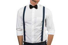 Navy Suspenders & Black Bow Tie Classic Suspenders For Suit And Tie At Party, Elegant Suspenders For Party Suit Accessories, Classic Fitted Belts And Suspenders For Wedding, Fitted Suspenders For Groom Suit And Tie Accessories, Classic Bow Tie With Suspenders For Party, Classic Party Bow Tie With Suspenders, Fitted Black Belts And Suspenders For Party, Classic Wedding Belts And Suspenders With Bow Tie, Classic Formal Suspenders For Suit And Tie